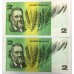 AUSTRALIA 1985 . TWO 2 DOLLAR BANKNOTES . JOHNSTON/FRASER . CONSECUTIVE FOUR